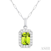 6x4 MM Octagonal Shape Peridot and 1/6 Ctw Round Cut Diamond Halo Semi-Precious Pendant with Chain in 14K White Gold